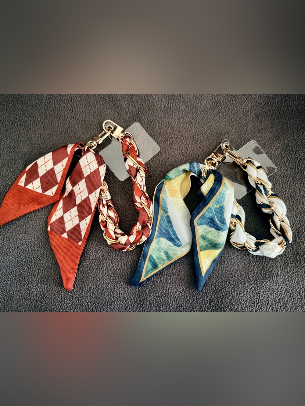 Assorted Braided Red Plaid and Blue-Yellow Scarves Bag Charms (bag not included)